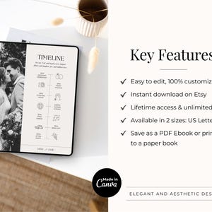 May include: A wedding timeline template on a tablet, featuring a black and white photo of a couple kissing. The template includes wedding day events and times. Text on the right side highlights key features, including customization and instant download.
