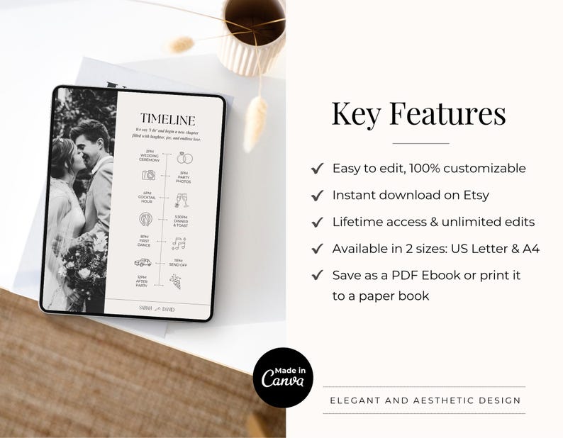 May include: A wedding timeline template on a tablet, featuring a black and white photo of a couple kissing. The template includes wedding day events and times. Text on the right side highlights key features, including customization and instant download.