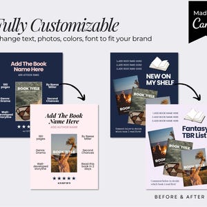 May include: A digital template set for social media posts featuring customizable layouts for book reviews and reading lists. The designs include placeholders for book titles, author names, page counts, genres, and star ratings, with text reading Fully Customizable, Made in Canva, Add The Book Name Here, NEW ON MY SHELF, and Fantasy TBR List.