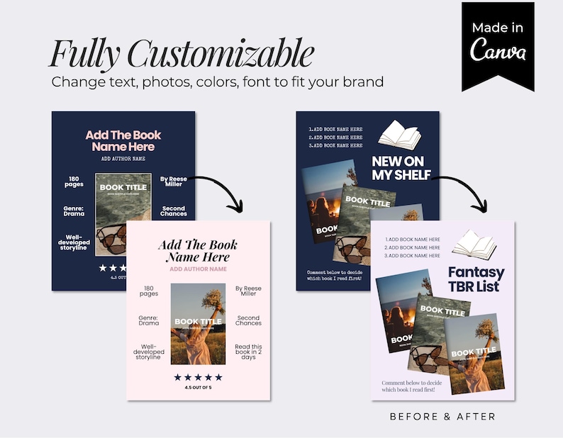 May include: A digital template set for social media posts featuring customizable layouts for book reviews and reading lists. The designs include placeholders for book titles, author names, page counts, genres, and star ratings, with text reading Fully Customizable, Made in Canva, Add The Book Name Here, NEW ON MY SHELF, and Fantasy TBR List.