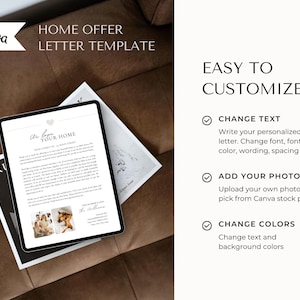 May include: A digital template for a home offer letter with a white background and black text. The text says "We love your home". The template includes a place for a photo and a check list of ways to customize the letter. The checklist includes "Change Text", "Add Your Photos", and "Change Colors".