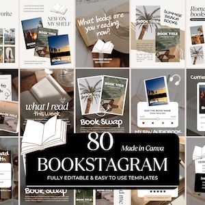 May include: A collection of 80 Bookstagram templates, fully editable and easy to use, with various designs for book reviews, recommendations, and reading lists. The templates feature book covers, palm trees, and text overlays.