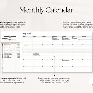 May include: A digital monthly calendar template for Google Sheets titled Monthly Calendar, featuring a July 2026 grid view with a task list on the left. The layout includes columns for days of the week and rows for dates, with text annotations explaining automated date updates and task scheduling features.