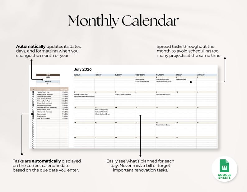May include: A digital monthly calendar template for Google Sheets titled Monthly Calendar, featuring a July 2026 grid view with a task list on the left. The layout includes columns for days of the week and rows for dates, with text annotations explaining automated date updates and task scheduling features.