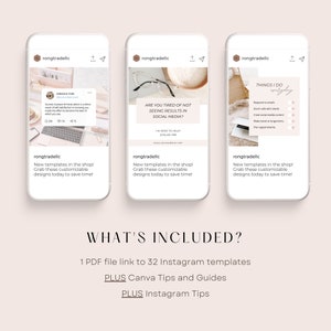 Op de afbeelding: Drie telefoonbeeldscherm-mockups die Instagram-berichten tonen met de tekst "rongtradellc" bovenaan elk. De eerste post toont een laptop en een kop koffie. De tweede post toont een laptop en een kop koffie. De derde post toont een laptop en een checklist. De tekst op de eerste post luidt "Ben je het zat om geen resultaten te zien op sociale media? Ik ben er om te helpen!" De tekst op de tweede post luidt "Nieuwe sjablonen in de winkel! Pak deze aanpasbare ontwerpen vandaag nog om tijd te besparen!" De tekst op de derde post luidt "Dingen die ik elke dag doe: Reageren op e-mails, Zoom-gesprekken met klanten, Social media-inhoud maken, Reisarrangementen maken, Afspraken plannen." Onder de mockups staat de tekst "WAT IS INBEGREPEN? 1 PDF-bestandslink naar 32 Instagram-sjablonen PLUS Canva-tips en -handleidingen PLUS Instagram-tips".