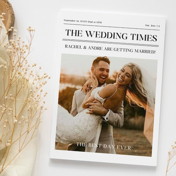 Programa de periódico de boda imprimible / Plantilla de programa de papel de noticias grande doblado / Itinerario de boda divertido / Periódico editable