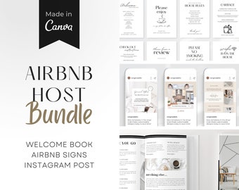 May include: A digital bundle of printable Airbnb host resources, including a welcome book, signs, and Instagram post templates. The bundle is designed to help hosts create a welcoming and informative experience for their guests. The image shows a variety of templates, including a welcome sign that says "Please enjoy a cup of coffee", a house rules sign, and a check-out instructions sign.