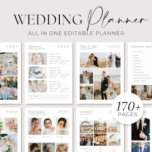 Puede incluir: Un planificador de bodas con más de 170 páginas, que incluye imágenes de decoración de bodas, flores, papelería, belleza nupcial y detalles de la ceremonia. El planificador es editable e incluye una página de título con el texto "Wedding Planner" y "All in One Editable Planner".