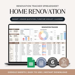 May include: A laptop screen displaying a home renovation tracker spreadsheet with budget, vendor quotation, furniture wishlist, and calendar sections. The interface includes a status summary, a pie chart, and a detailed cost table for various rooms.