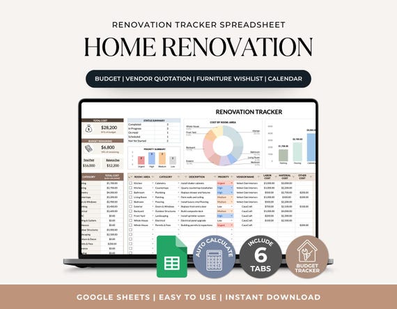 Home Renovation Tracker Spreadsheet | Budget Tracker | Home Improvement Planner | Remodel Planner | Google Sheets