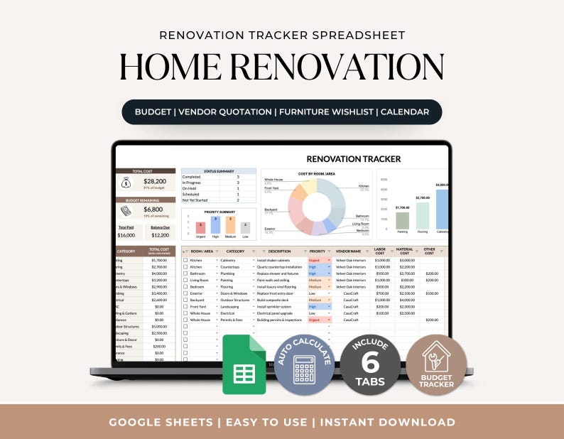 May include: A laptop screen displaying a home renovation tracker spreadsheet with budget, vendor quotation, furniture wishlist, and calendar sections. The interface includes a status summary, a pie chart, and a detailed cost table for various rooms.