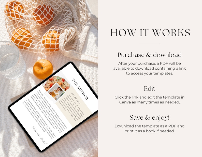 Puede incluir: Una tableta digital que muestra una plantilla para un sitio web de autor. La plantilla presenta una foto de una mujer con un plato de pasta y el texto "THE AUTHOR" y "MEET MIRANDA". El texto "HOW IT WORKS" se muestra encima de la tableta.