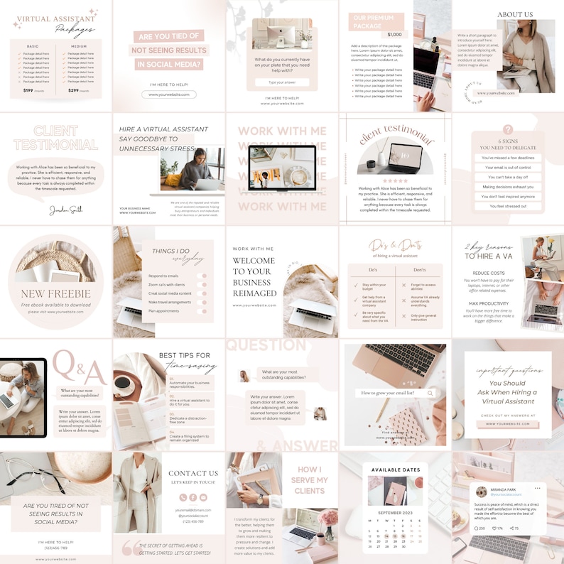 Op de afbeelding: Een collage van social media berichten voor een virtueel assistentiebedrijf. De berichten beslaan een verscheidenheid aan onderwerpen, waaronder klantbeoordelingen, tips om tijd te besparen en informatie over de aangeboden diensten. De berichten zijn ontworpen in een minimalistische stijl met een roze en witte kleurstelling.