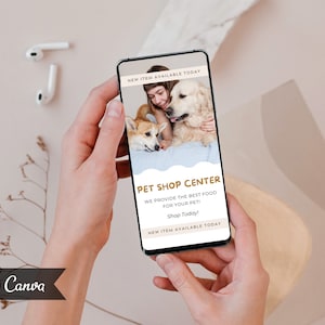 May include: A mobile phone screen displaying a pet shop advertisement with a photo of a woman and two dogs. The text reads "New Item Available Today", "Pet Shop Center", "We provide the best food for your pet! Shop Today!" and "New Item Available Today".
