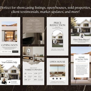 May include: A collection of real estate marketing templates with text overlays. The templates include phrases like "Coming Soon," "Price Reduction," and "Open House." The background is a dark marble pattern.
