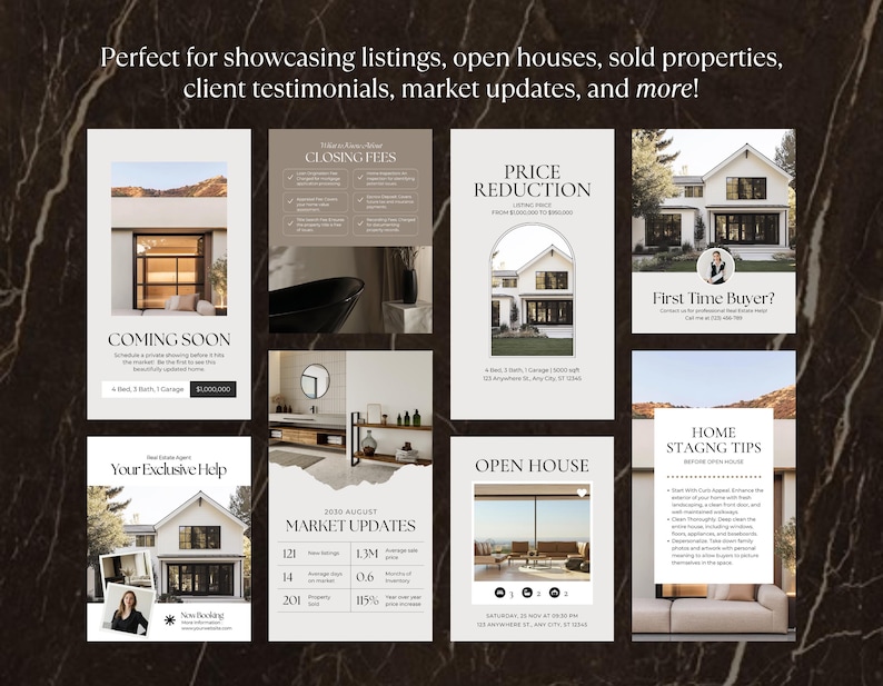 May include: A collection of real estate marketing templates with text overlays. The templates include phrases like "Coming Soon," "Price Reduction," and "Open House." The background is a dark marble pattern.