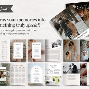May include: A wedding magazine template with a modern design. The magazine features layouts for timelines, ceremonies, receptions, and seating charts. The cover displays the word "WEDDING" and the names "Sarah & David". The text "Turns your memories into something truly special!" is also visible.