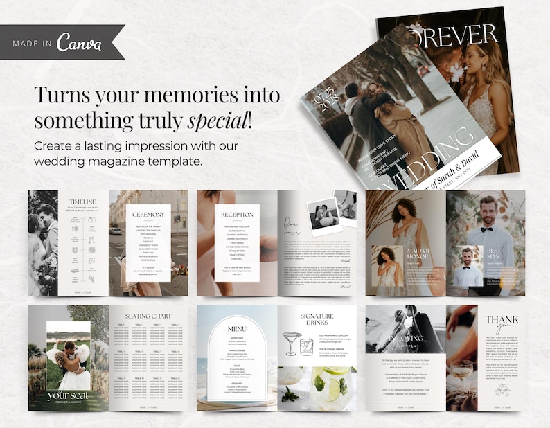 May include: A wedding magazine template with a modern design. The magazine features layouts for timelines, ceremonies, receptions, and seating charts. The cover displays the word "WEDDING" and the names "Sarah & David". The text "Turns your memories into something truly special!" is also visible.