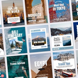 Könnte beinhalten: Eine Sammlung von Social-Media-Vorlagen zum Thema Reisen mit verschiedenen globalen Zielen wie Tokio, Marokko, Bali, Neuseeland, Kaschmir, Griechenland, Ägypten und London, inklusive Textüberlagerungen, Reisefotografie und Buchungsinformationen.