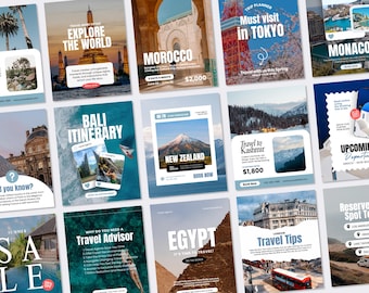 May include: A collection of travel-themed social media templates featuring various global destinations including Tokyo, Morocco, Bali, New Zealand, Kashmir, Greece, Egypt, and London, with text overlays, travel photography, and booking information.