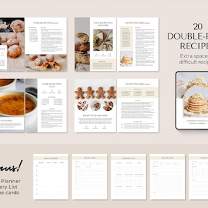 May include: A digital recipe book with 20 double-page recipes, a meal planner, a grocery list, and 3 recipe cards. The pages feature images of baked goods and desserts, with text that reads "Your Recipe Title" and "Recipe Title Goes Here". The words "Bonus!" and "Instant Download" are also visible.