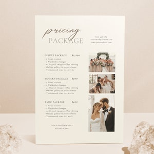 May include: A white pricing package for wedding photography services. The package includes three options: Deluxe, Modern, and Basic. Each option lists the price, a description of the services included, and a photo of a couple or bridal party.
