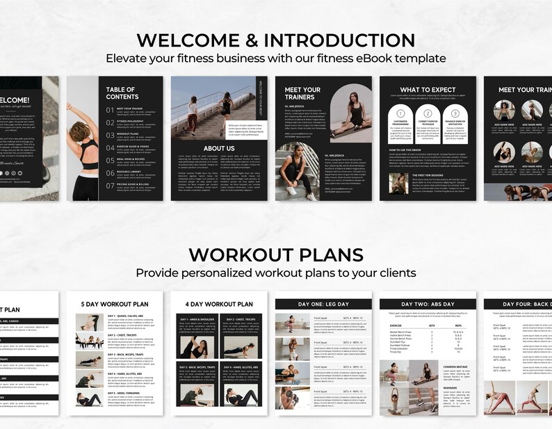 Pu&ograve; includere: Un modello di ebook in bianco e nero per le aziende di fitness. La copertina presenta il testo "Benvenuto e introduzione" e "Eleva la tua attivit&agrave; di fitness con il nostro modello di ebook di fitness". Le pagine interne includono sezioni per "Sommario", "Chi siamo", "Incontra i tuoi allenatori", "Cosa aspettarsi" e "Piani di allenamento".