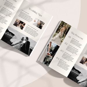 Peut inclure: Un guide de planification de mariage avec des photos en noir et blanc d'un couple. Le guide comprend des conseils pour la photographie de mariage, les soins de la peau et le processus du jour du mariage.