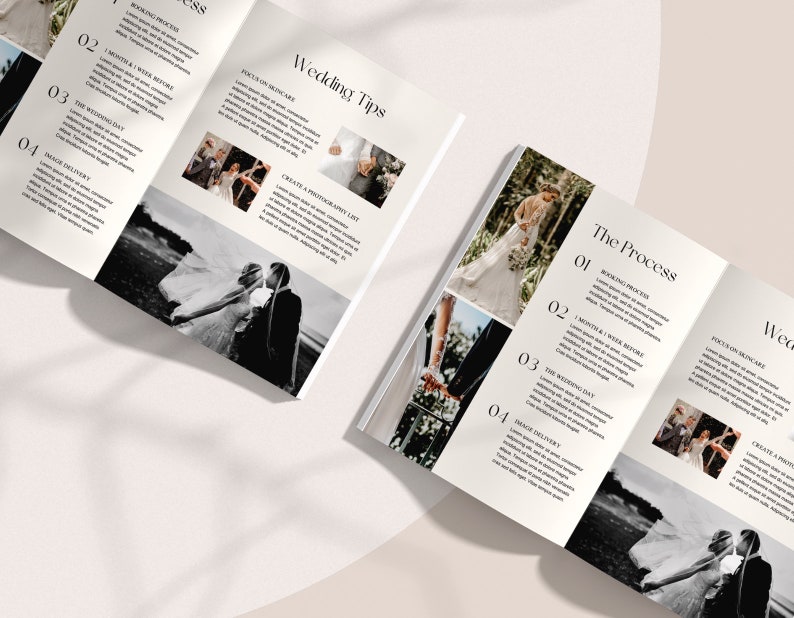 Peut inclure: Un guide de planification de mariage avec des photos en noir et blanc d'un couple. Le guide comprend des conseils pour la photographie de mariage, les soins de la peau et le processus du jour du mariage.