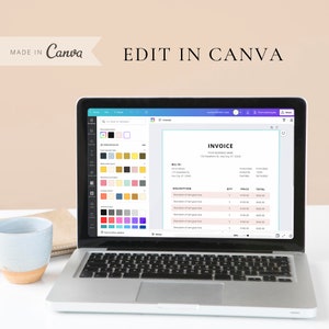 May include: A laptop screen displaying a Canva invoice template with a pink and white color scheme. The invoice includes fields for billing information, description, quantity, price, and total. The invoice is titled "Invoice" and includes the text "YOUR BUSINESS NAME" and "123 Anywhere St, Any City, ST 12345".