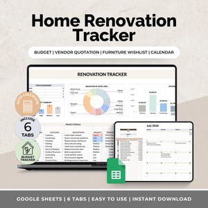 Renovation Planner Spreadsheet | Budget Tracker | Home Improvement Planner | Remodel Planner | Google Sheets