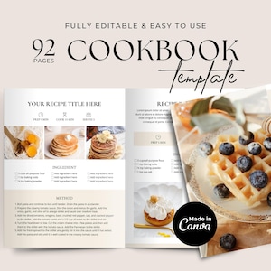 May include: A cookbook template with a beige background. The open pages display a recipe layout with images of food. The cover features a waffle with blueberries. Text includes "Cookbook Template" and "Made in Canva".