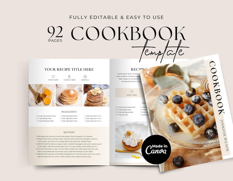 May include: A cookbook template with a beige background. The open pages display a recipe layout with food images. The cover shows a waffle with blueberries. Text includes "Cookbook Template" and "Made in Canva".