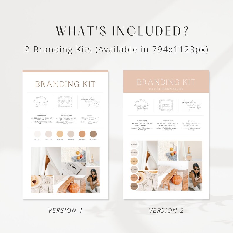 May include: Two branding kits with different color palettes and design elements. Each kit includes a logo, font, color palette, and mood board. The mood boards feature images of fall-themed items, such as pumpkins, leaves, and coffee.
