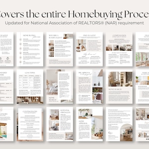 May include: A collection of fifteen informational pages titled Covers the entire Homebuying Process, updated for National Association of REALTORS requirements. The documents feature text, bullet points, and interior design photographs.