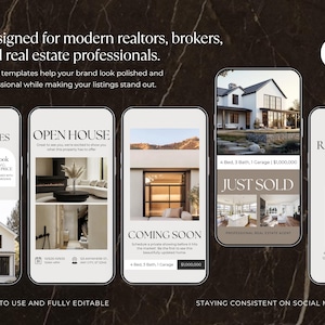May include: A digital marketing graphic with the text "Designed for modern realtors, brokers, and real estate professionals." The image shows mockups of real estate social media posts, including "Open House" and "Coming Soon" templates.