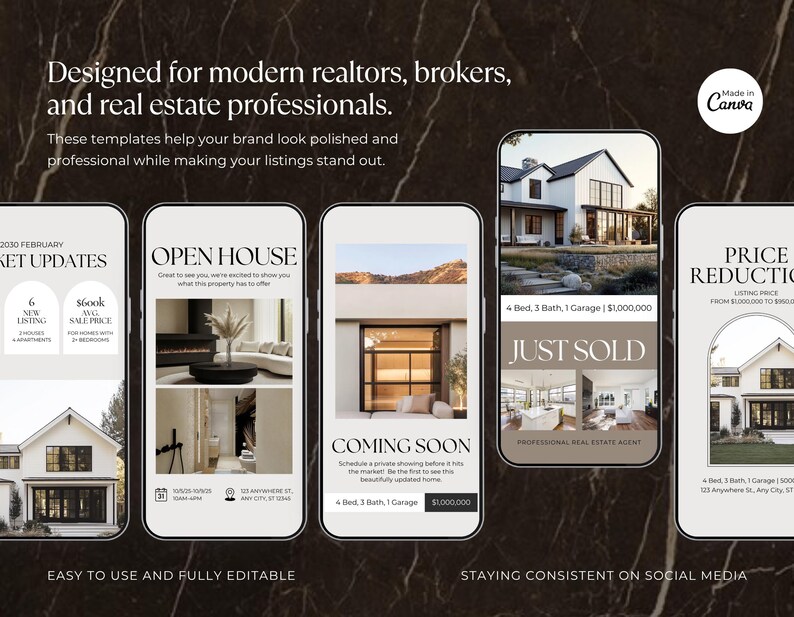 May include: A digital marketing graphic with the text "Designed for modern realtors, brokers, and real estate professionals." The image shows mockups of real estate social media posts, including "Open House" and "Coming Soon" templates.