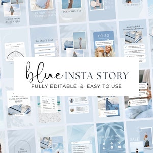 Puede incluir: Una colección de plantillas de historias de Instagram azules y blancas con superposiciones de texto. Las plantillas presentan varios diseños, incluyendo una noria, una escena de playa y una cita sobre mantenerse enfocado. El texto en las plantillas incluye frases como "Today & Mood", "Coming Soon", "Enjoy This Day", "To Don't List", "6 More... From a Personal Stylist", "Summer Sale", "Giveaway Time", y "Sale".