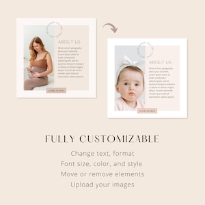 May include: Two social media post templates with a beige background. The first template features a pregnant woman holding a baby doll. The second template features a baby girl. Both templates have a circle with the text "Where you begin is today" and the text "About Us". The text below the circle reads "Write a short paragraph about your business. Lorem ipsum dolor sit amet, consectetur adipiscing elit, sed do eiusmod tempor incididunt ut labore et dolore magna aliqua. Ut enim ad minim veniam, quis nostrud exercitation ullamco laboris. Link in bio."