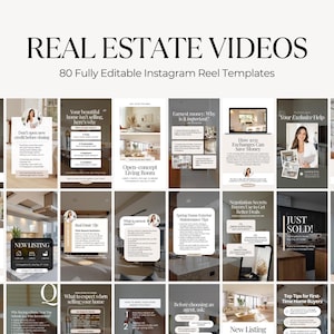 May include: A collection of 80 digital Instagram Reel templates for real estate marketing. The templates feature a neutral color palette with white text overlays, showcasing various interior home designs, property listings, and educational tips.