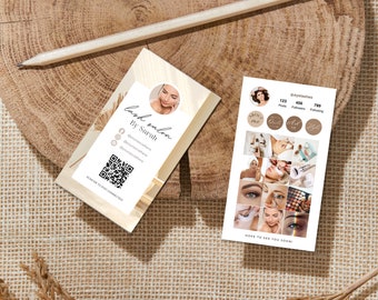 May include: A business card for a lash salon called "Lash Salon by Sarah". The card features a QR code, social media icons, and a photo of a woman with long eyelashes. The card also includes the text "Hope to see you soon!"