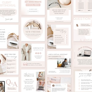 Op de afbeelding: Een verzameling social media post sjablonen met een neutrale kleurenpalet van beige, wit en roze. De sjablonen bevatten tekst over social media marketing, virtuele assistenten en tijdmanagement. De tekst is in een moderne, minimalistische lettertype stijl.