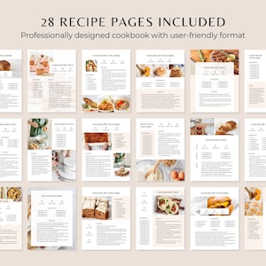 May include: A set of 28 recipe pages designed for a cookbook. The pages are white with a light brown background and feature a variety of food photos. The text "28 RECIPE PAGES INCLUDED" is at the top of the image. The text "Professionally designed cookbook with user-friendly format" is below the title.