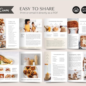 May include: An open recipe book in beige, showcasing food photography and text. The cover reads "EASY TO SHARE" and "Print or email it directly as a PDF". Inside, there are recipe sections, cooking tips, and a table of contents.