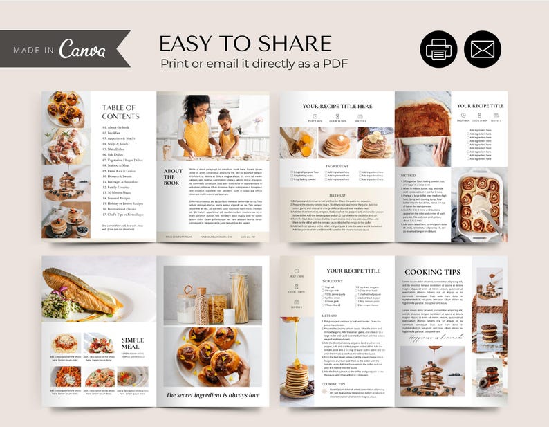 May include: An open recipe book in beige, showcasing food photography and text. The cover reads "EASY TO SHARE" and "Print or email it directly as a PDF". Inside, there are recipe sections, cooking tips, and a table of contents.