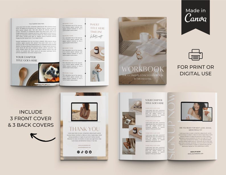 May include: A digital workbook with a white background and black text. The title of the workbook is "WORKBOOK: THE ULTIMATE COACH HANDBOOK BY [NAME]" The workbook includes a thank you page with social media icons and a sign up page with the text "SIGN UP NOW! ARE YOU READY FOR NEXT LEVEL SOCIAL MEDIA RESULTS?"
