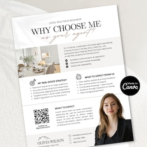 Puede incluir: Un folleto de bienes raíces con el título "WHY CHOOSE ME as your agent?" presenta una foto de una agente. El folleto detalla los servicios, la estrategia y las expectativas de los clientes, con datos de contacto.