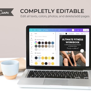 Pu&ograve; includere: Uno schermo di computer portatile che mostra un libro di lavoro digitale intitolato "Ultimate Fitness Workbook" con un programma di costruzione muscolare di 12 settimane di Miranda Miller. Lo schermo mostra una tavolozza di colori e altri elementi di design.