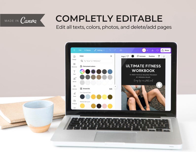 Pu&ograve; includere: Uno schermo di computer portatile che mostra un libro di lavoro digitale intitolato "Ultimate Fitness Workbook" con un programma di costruzione muscolare di 12 settimane di Miranda Miller. Lo schermo mostra una tavolozza di colori e altri elementi di design.