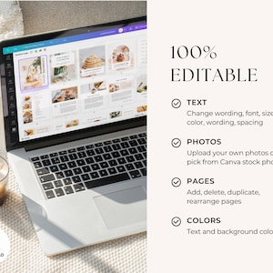 May include: A laptop computer displaying a digital cookbook template on the screen. The template is fully customizable and includes text, photos, and pages that can be edited. The image also includes a cup of coffee and a download button.